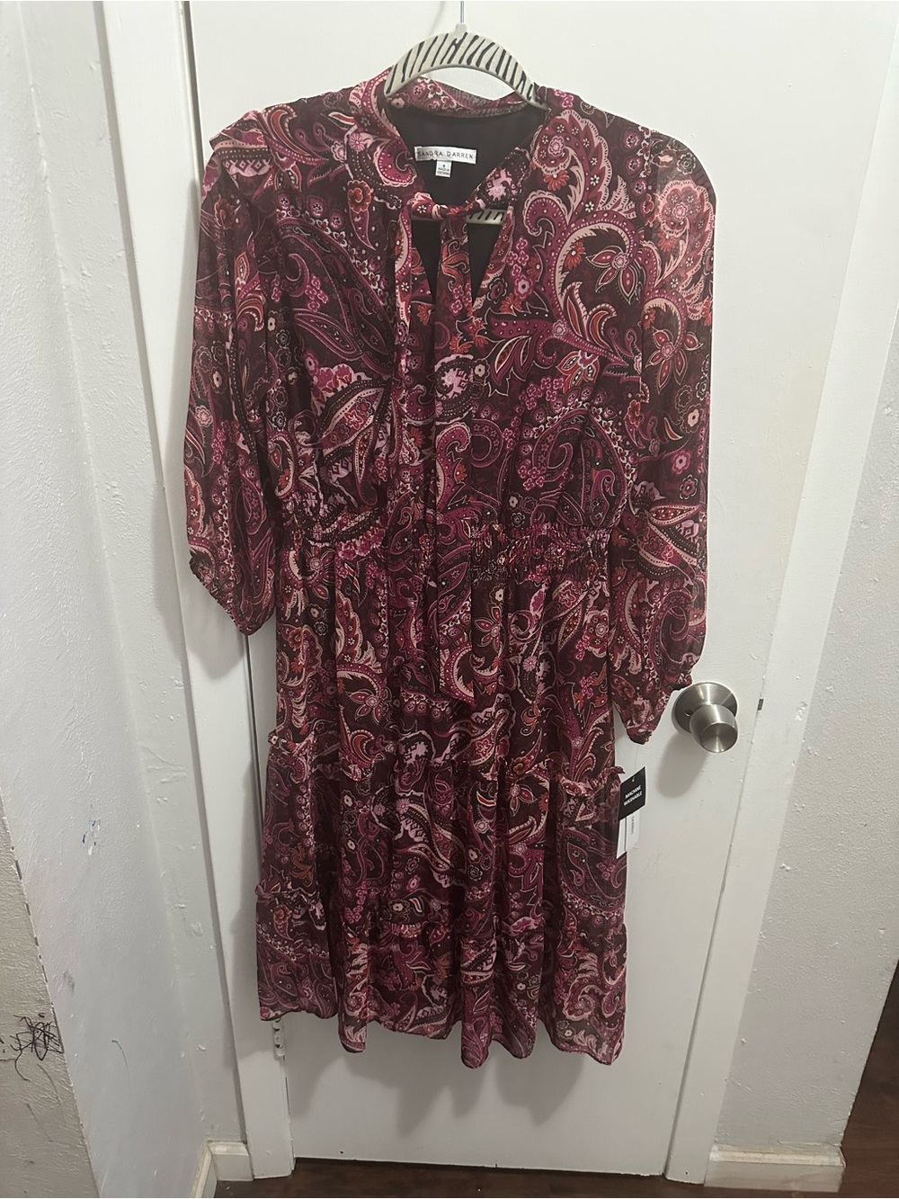 Sandra Darren Burgundy and Pink Paisley Long-Sleeve Tie-Neck Dress